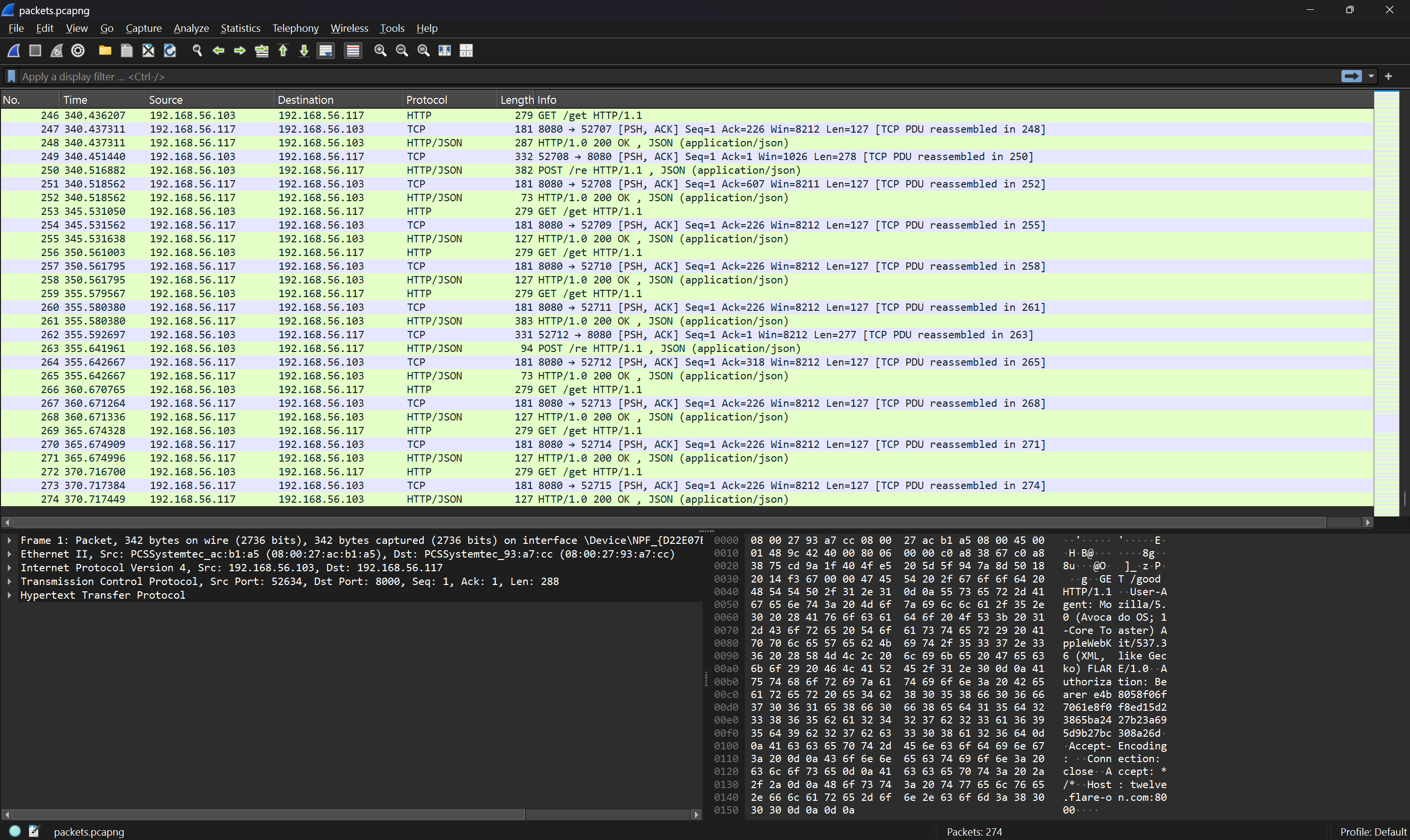 Packet capture file opened with Wireshark